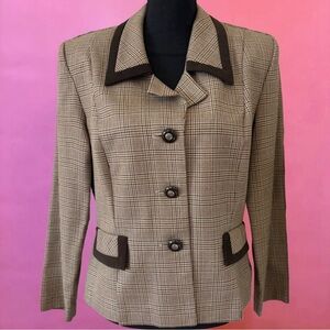 Vintage 80s Virgo II Tan Khaki Brown Houndstooth Blazer w/ Shoulder Pads Size 14
